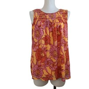 Harper 241 Womens Orange Pink Floral Mesh Smocked Yoke Sleeveless‎ Top Size M